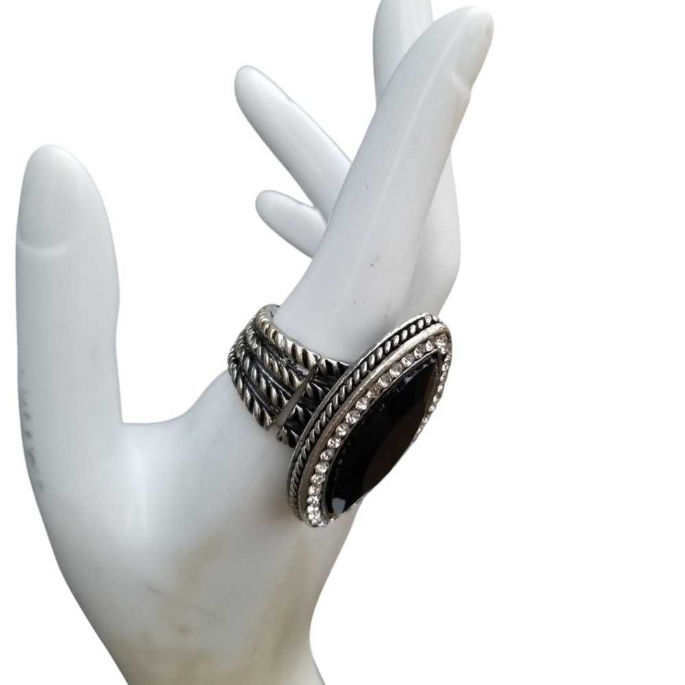 LARGE BLACK GLASS STONE & WHITE RHINESTONE SILVER… - image 2