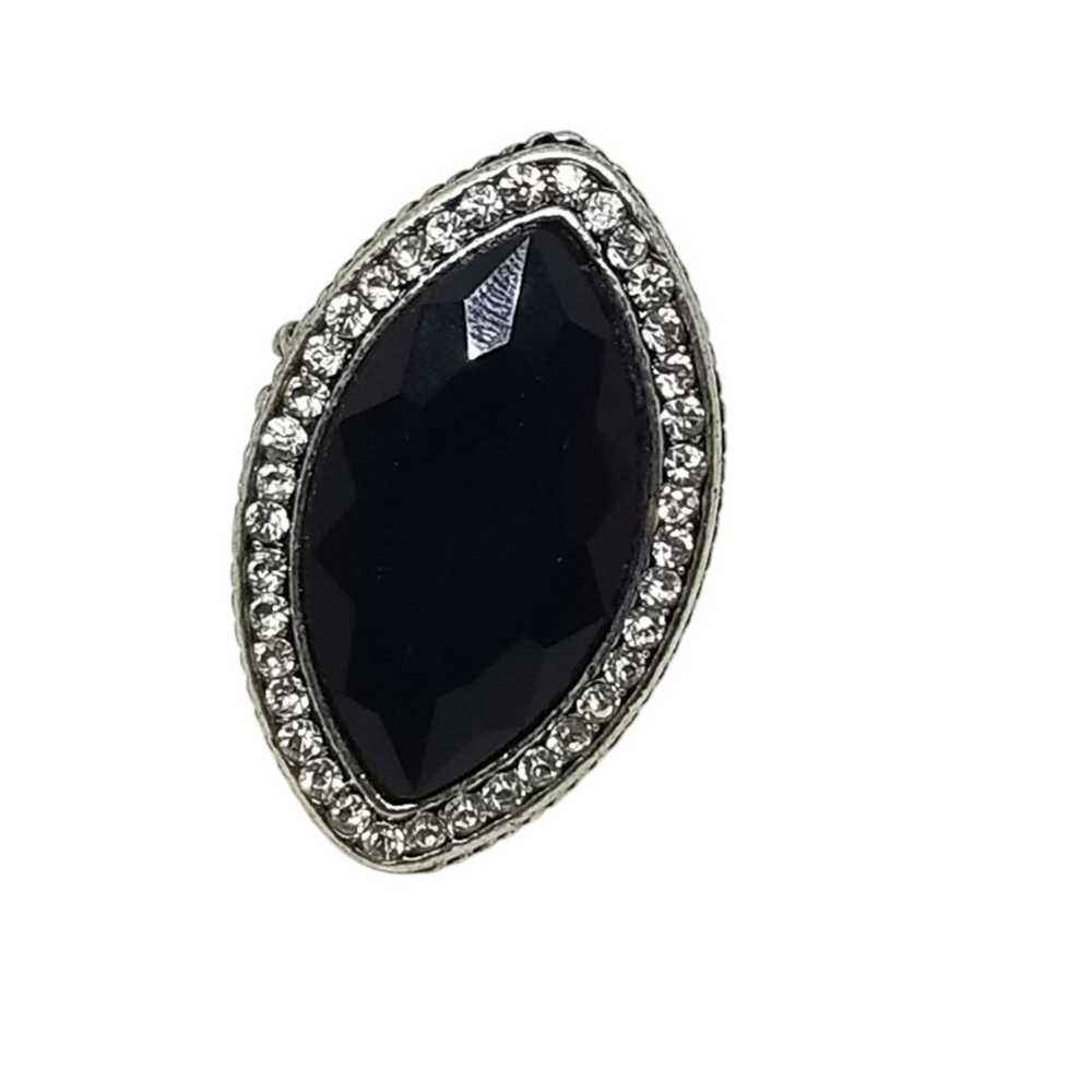 LARGE BLACK GLASS STONE & WHITE RHINESTONE SILVER… - image 3