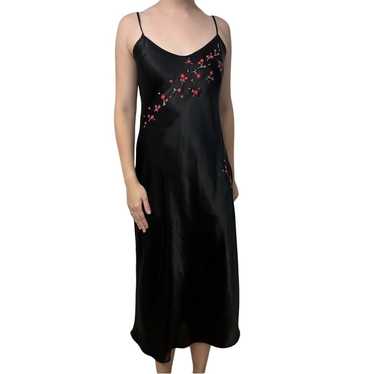 Vintage Slip Dress Satin Embroidered Floral Black… - image 1