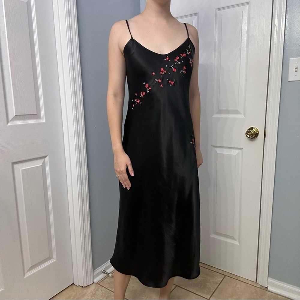 Vintage Slip Dress Satin Embroidered Floral Black… - image 7