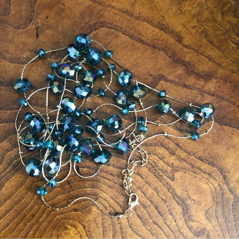 Vintage 90s peacock blue faceted glass crystal lo… - image 7