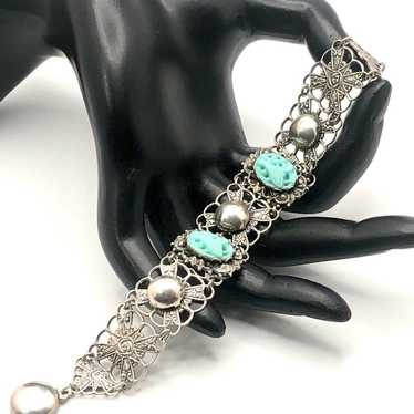 1930’s Carved Peking Glass Silver Filigree Bracel… - image 1