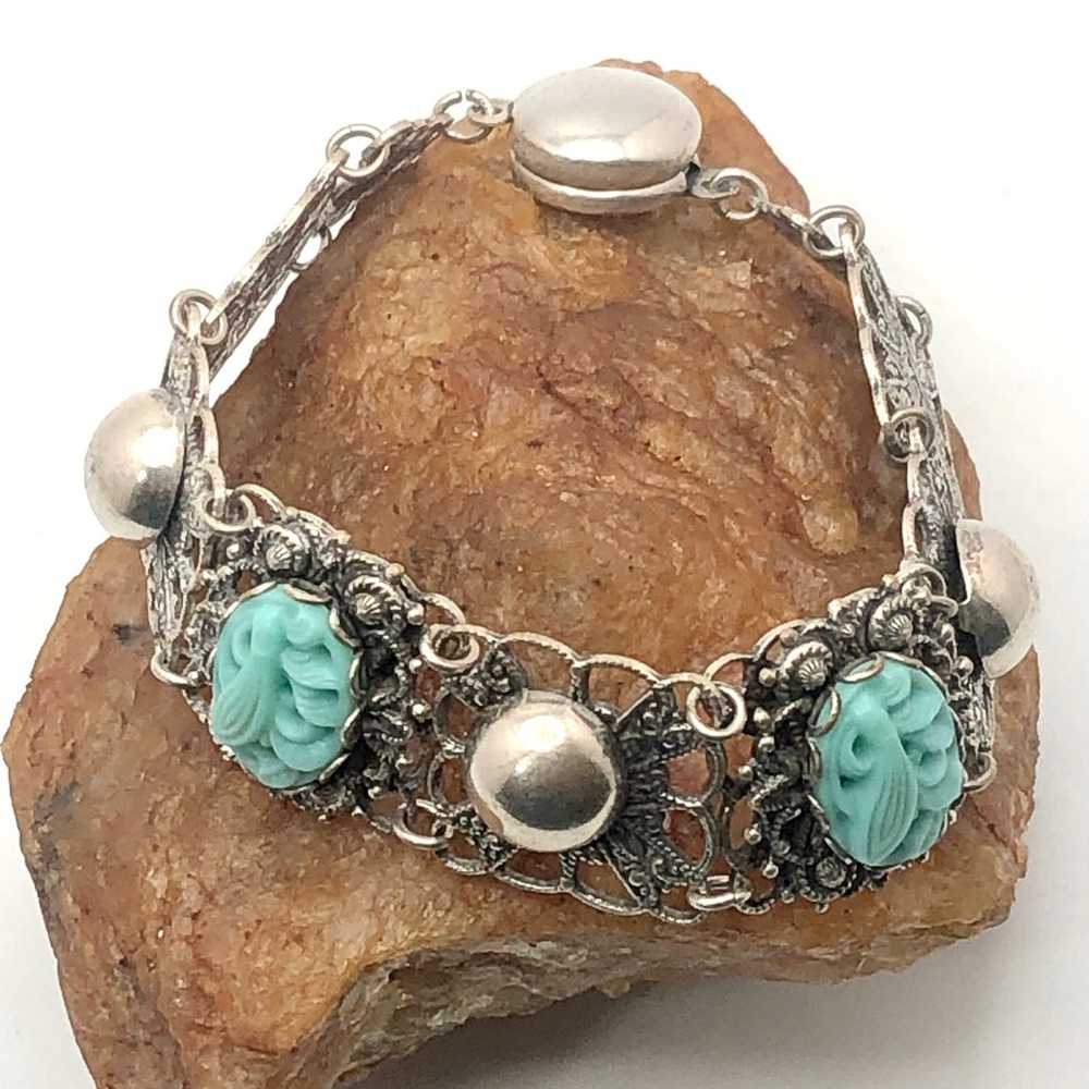 1930’s Carved Peking Glass Silver Filigree Bracel… - image 2