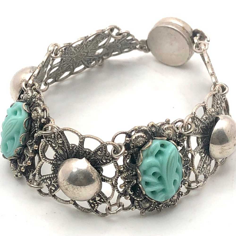 1930’s Carved Peking Glass Silver Filigree Bracel… - image 4