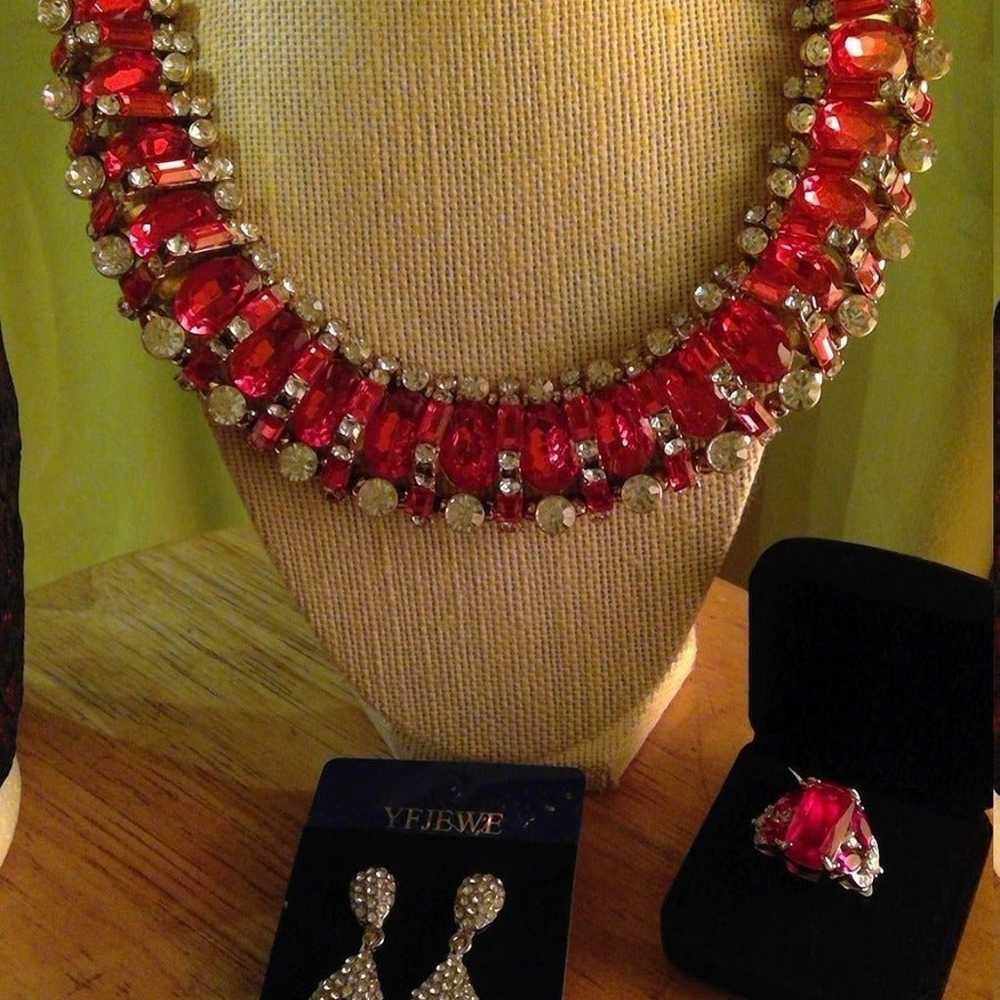 Ruby Pink & Red Rhinestone Chunky Necklace, Ring,… - image 1