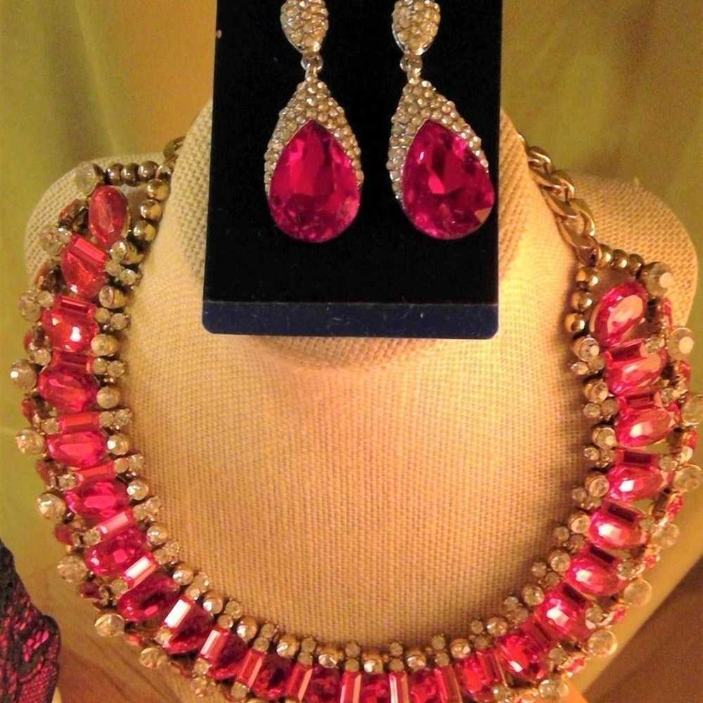 Ruby Pink & Red Rhinestone Chunky Necklace, Ring,… - image 2