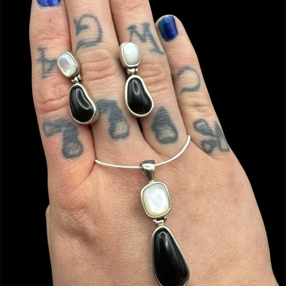 Vintage Thailand 925 Mother of Pearl and Onyx Ste… - image 1