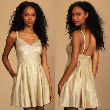 Lulus Lookout Weekend Sparkly Gold Skater Dress s… - image 1