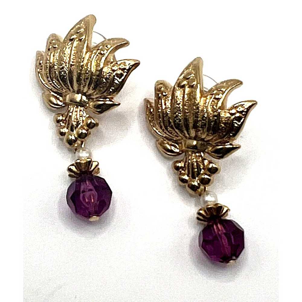 Vtg AVON Earrings Pierced Gold Tone Faceted Ameth… - image 2