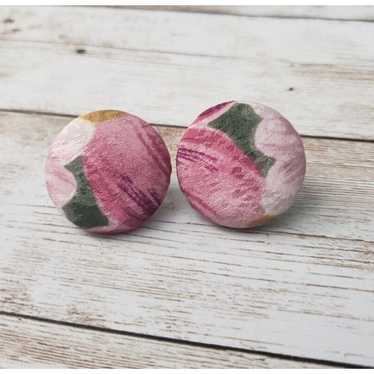 Vintage Clip On Earrings Pink Floral Fabric Circle - image 1