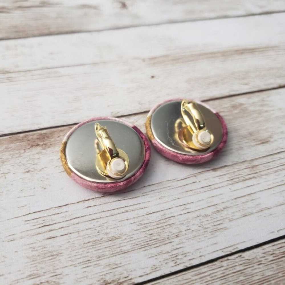 Vintage Clip On Earrings Pink Floral Fabric Circle - image 3