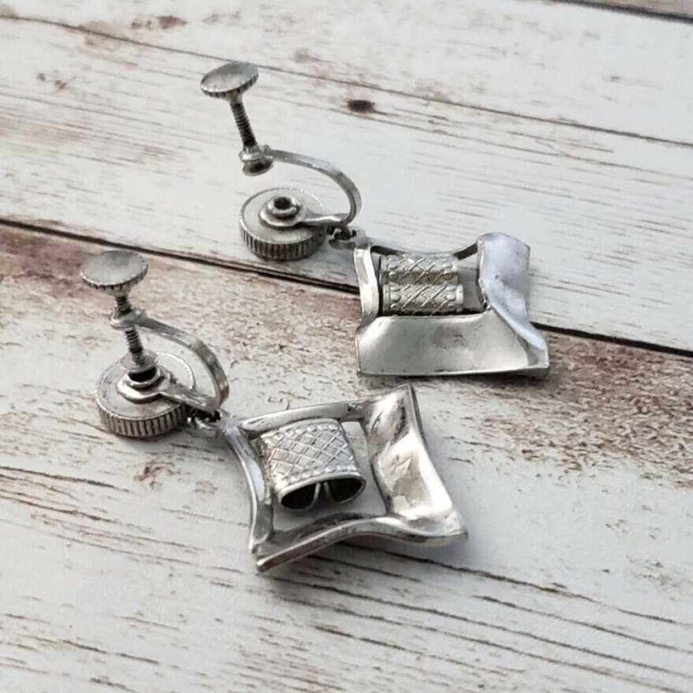 Vintage Screw On Earrings - Unusual Silver Tone D… - image 3