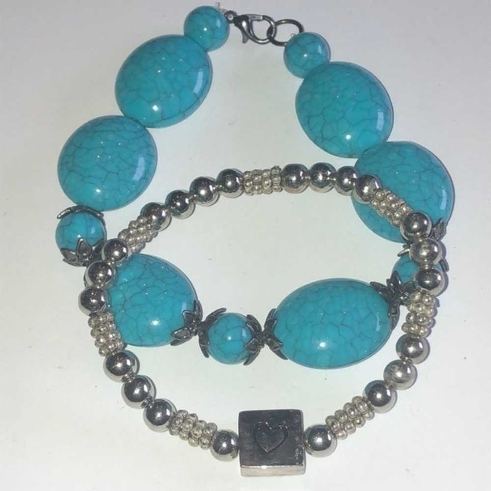 Faux Turquoise Beaded Boho Bracelet & Silver Init… - image 1