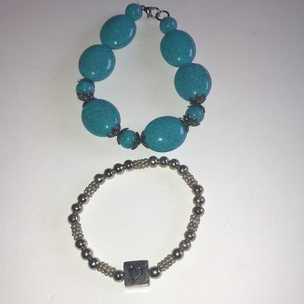 Faux Turquoise Beaded Boho Bracelet & Silver Init… - image 2