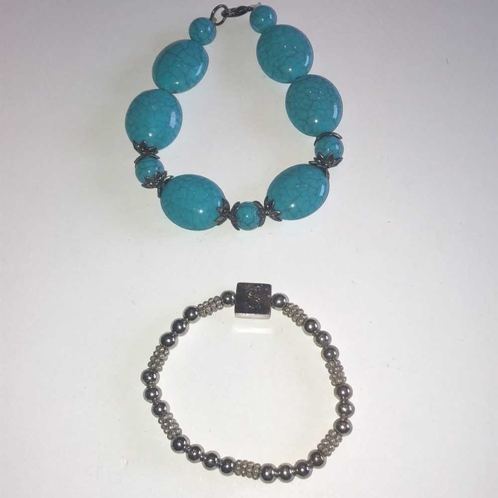 Faux Turquoise Beaded Boho Bracelet & Silver Init… - image 3