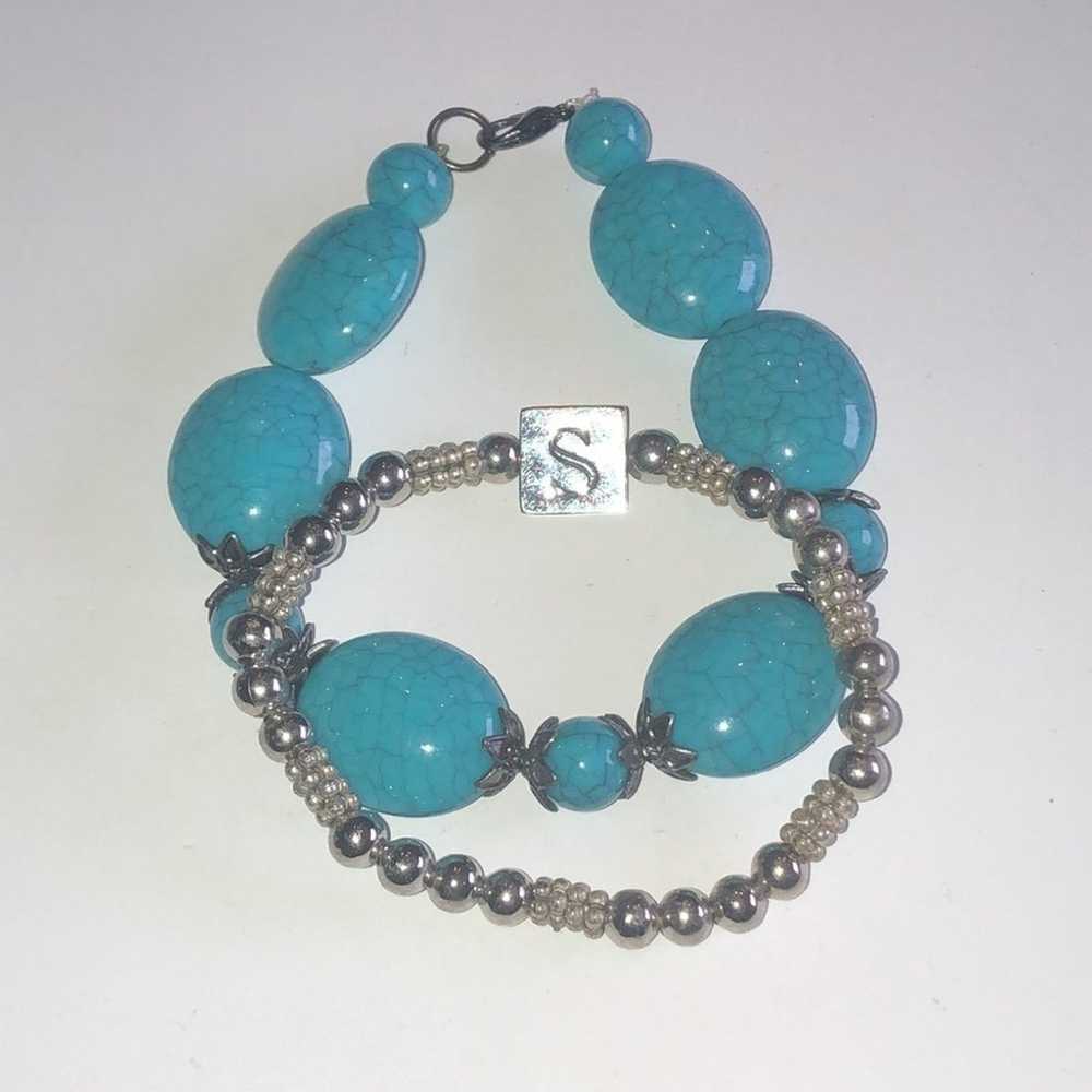 Faux Turquoise Beaded Boho Bracelet & Silver Init… - image 6