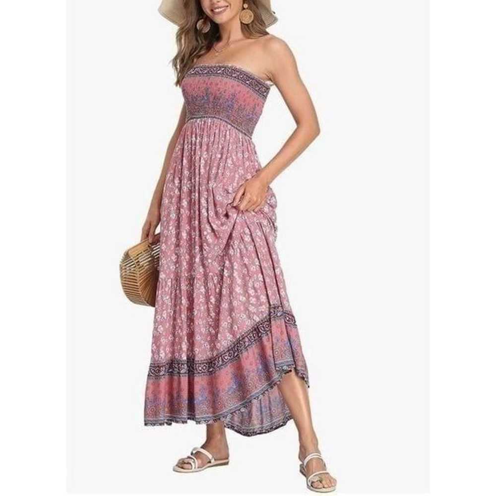 Vintage Floral Print Smocked Tube Top Maxi Dresses - image 2