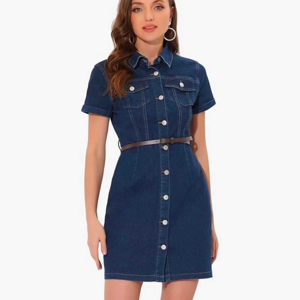 Denim Lapel Short Sleeve Belted Button
Up Shirt D… - image 1