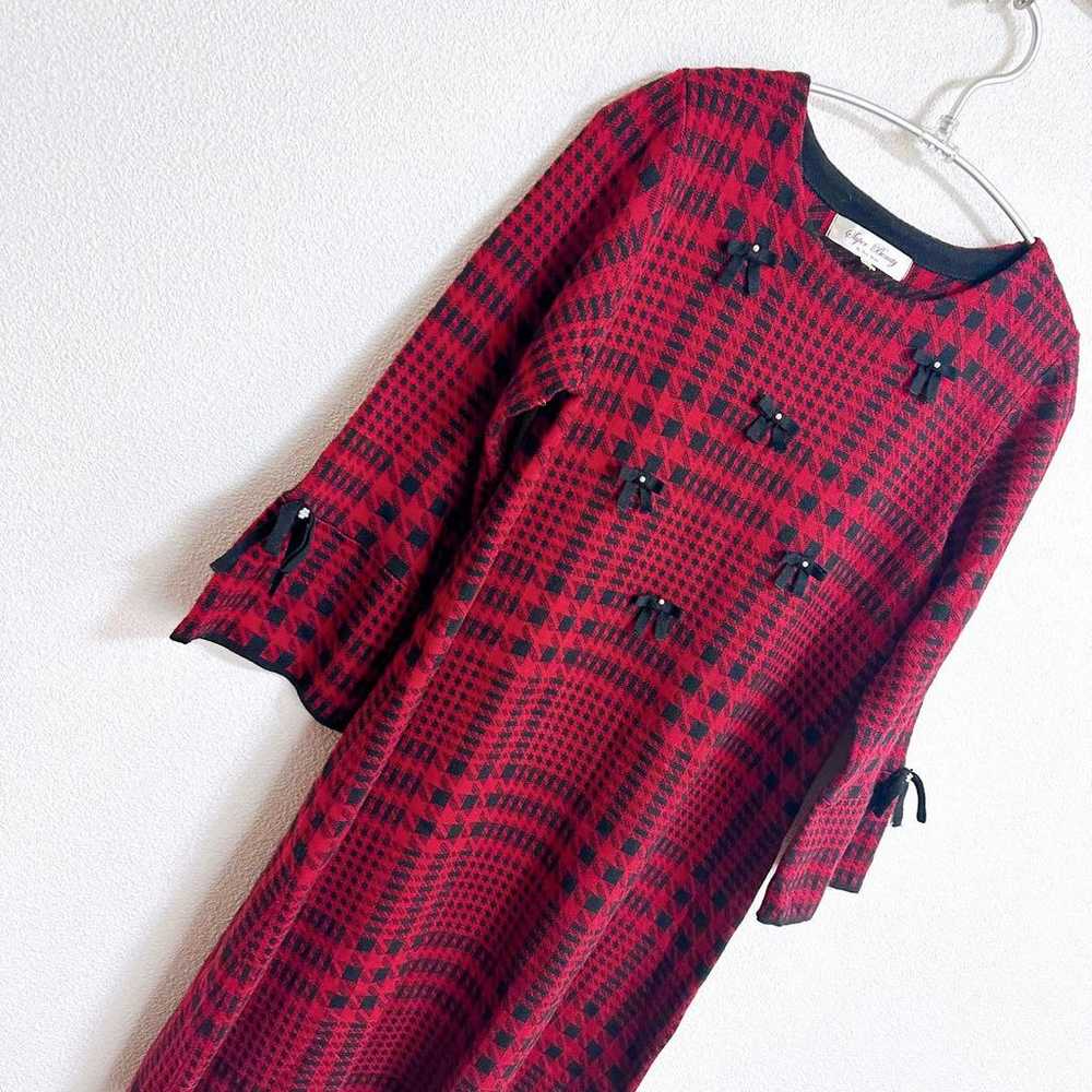 【Super Beauty】 Red Check Pearl One-Piece with Rib… - image 2