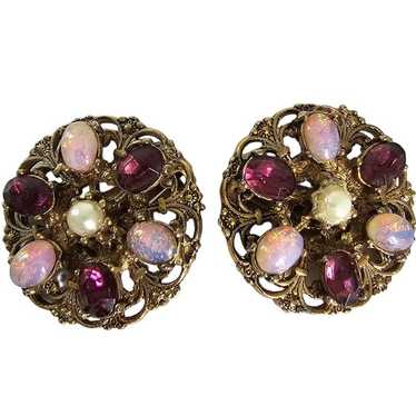 Vintage Earrings Women's Clip On Faux Opal Plum P… - image 1