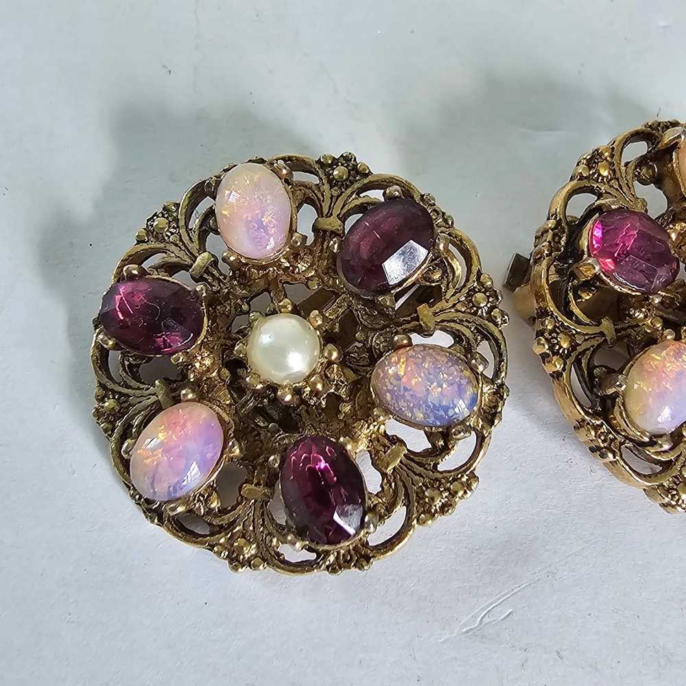 Vintage Earrings Women's Clip On Faux Opal Plum P… - image 2