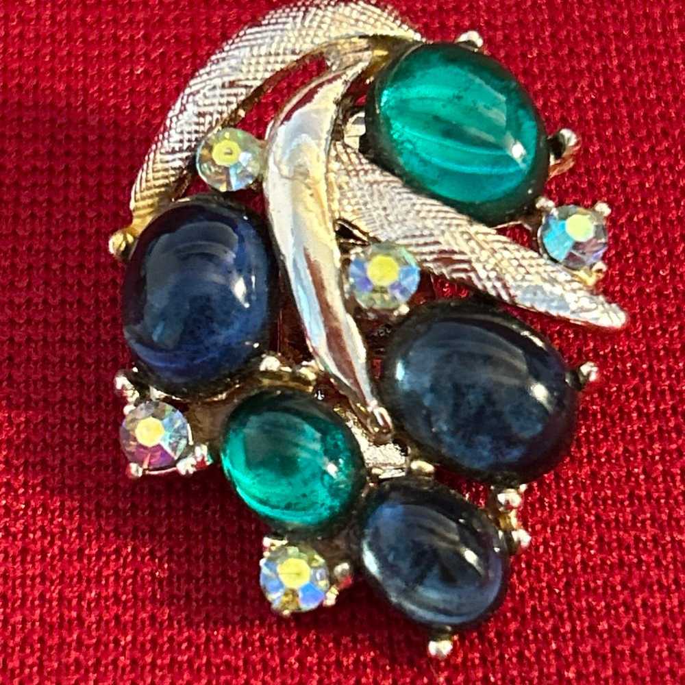 Vtg Blue Green Aurora Borealis Rhinestone Clip on… - image 4