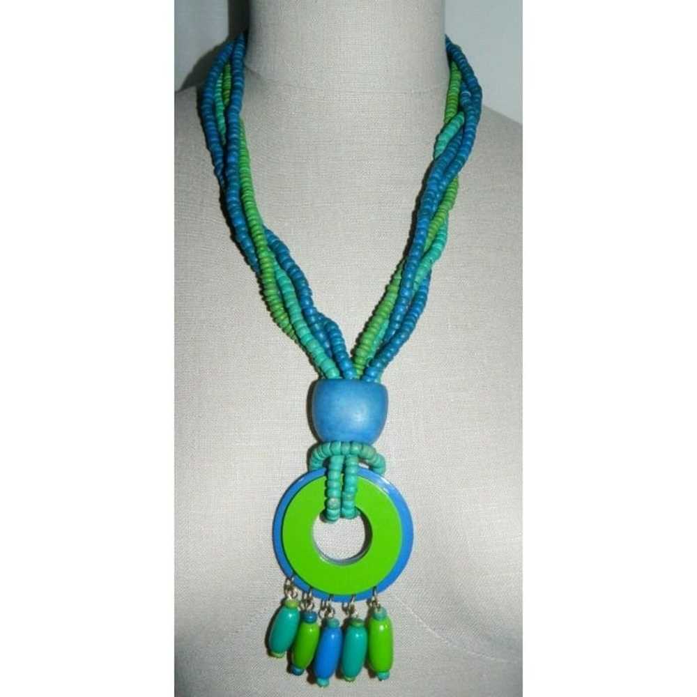 VTG Blue Green Wooden Beaded Plastic Medallion Da… - image 1