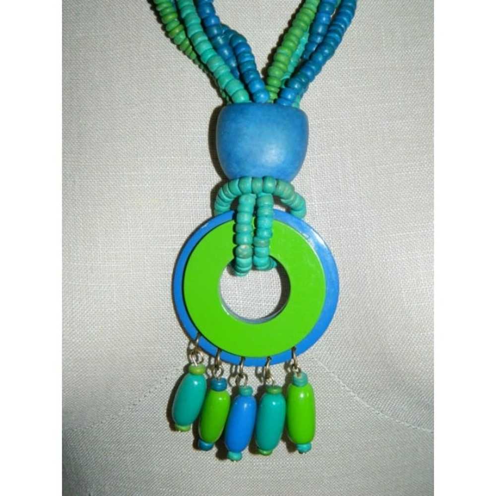 VTG Blue Green Wooden Beaded Plastic Medallion Da… - image 2