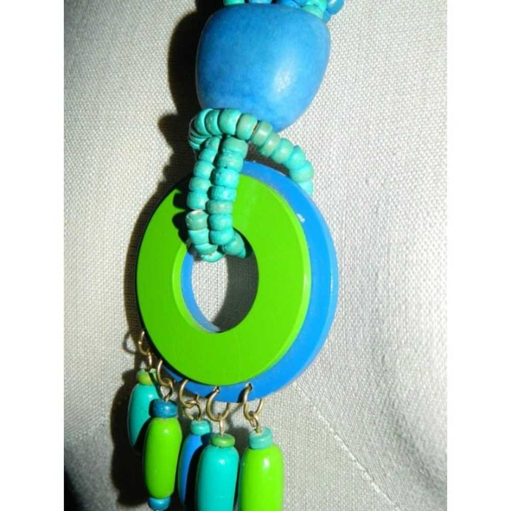 VTG Blue Green Wooden Beaded Plastic Medallion Da… - image 3