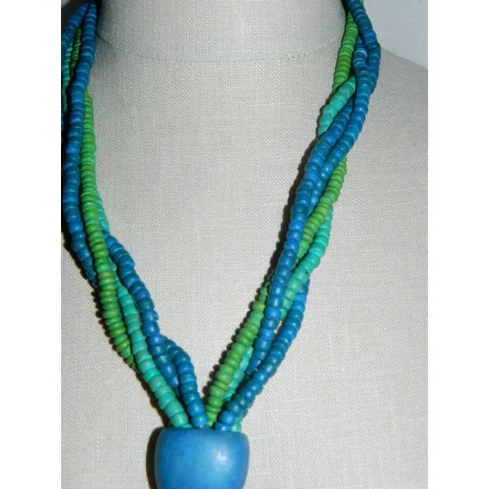 VTG Blue Green Wooden Beaded Plastic Medallion Da… - image 4