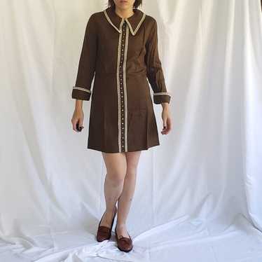 60s Brown Mod Dagger Collar Dress - image 1