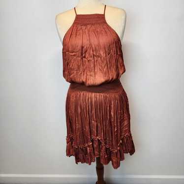 Halston Gathered Smocked Satin Dress Crinkle Plea… - image 1