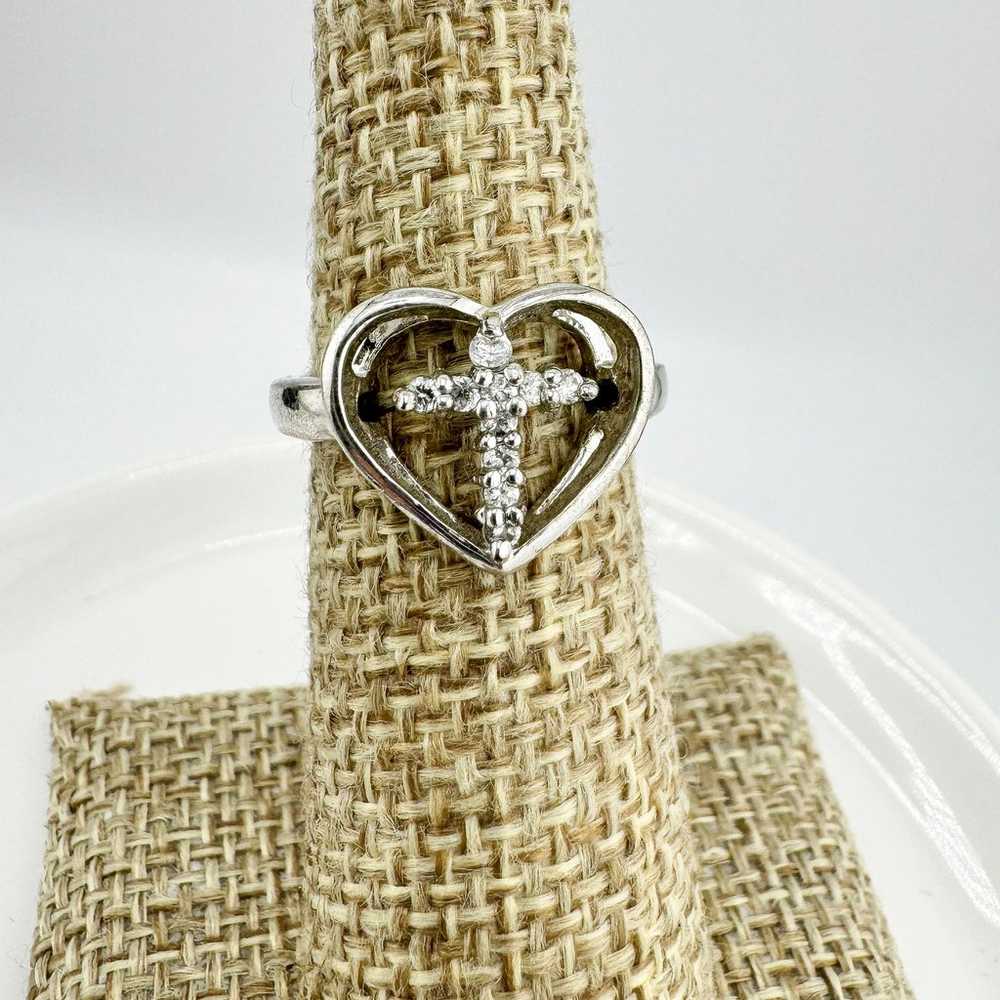 Vintage Heart Cross Rhinestone Ring Faith Love Re… - image 5