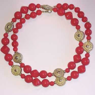 Vintage Red Gold Tone Beaded Chunky Boho Retro Nec