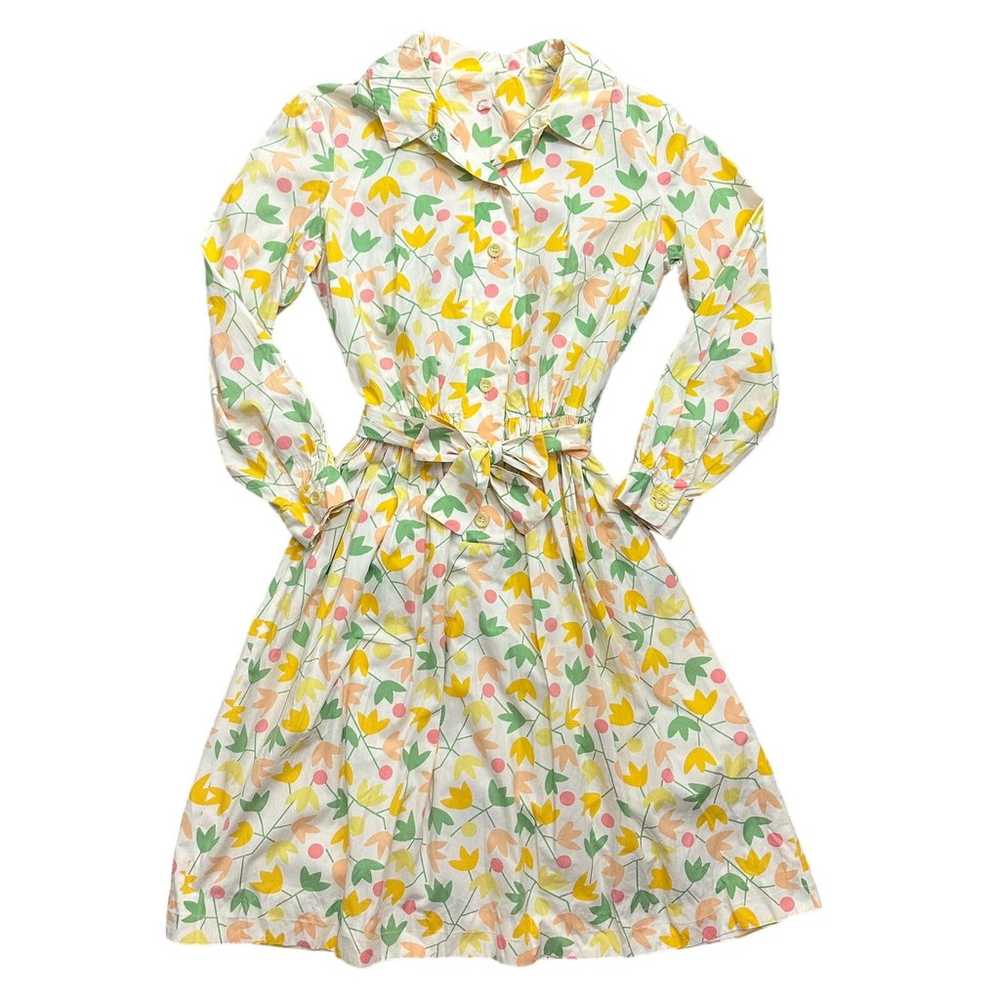 Vintage 60s 70s Shirt Dress Yellow Floral Tie Wai… - image 11