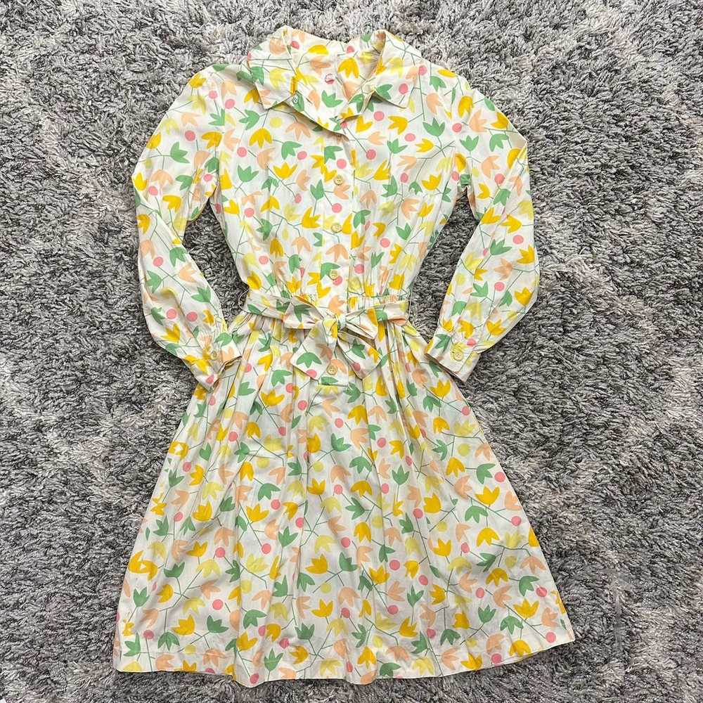 Vintage 60s 70s Shirt Dress Yellow Floral Tie Wai… - image 1