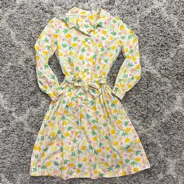 Vintage 60s 70s Shirt Dress Yellow Floral Tie Wai… - image 1