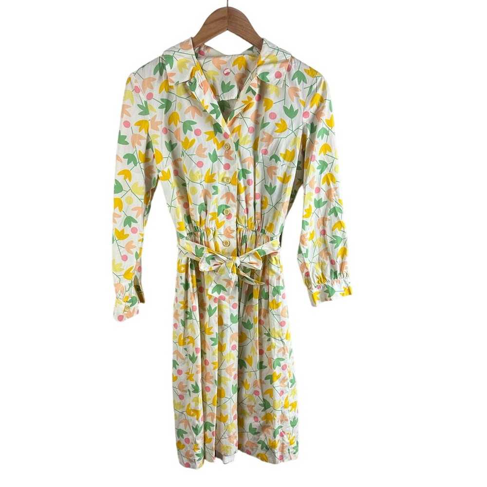 Vintage 60s 70s Shirt Dress Yellow Floral Tie Wai… - image 2