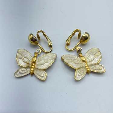 Vintage Gold Tone White Cloisonné Butterfly Earri… - image 1