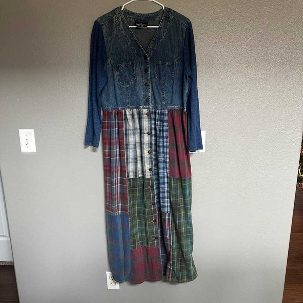 Vintage Denim & Plaid Patchwork Maxi Dress With L… - image 1