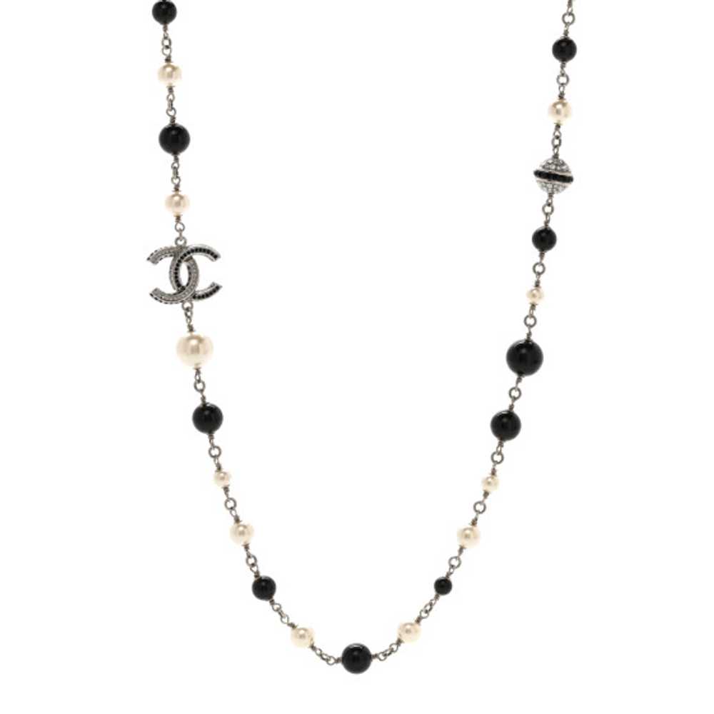 CHANEL Pearl Crystal Bead CC Long Necklace Silver… - image 1