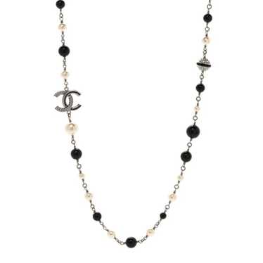 CHANEL Pearl Crystal Bead CC Long Necklace Silver… - image 1