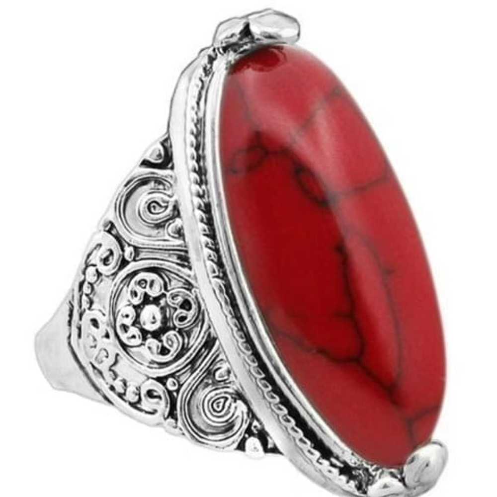 Boho Oval Red Turquoise Gemstone Carved Filigree … - image 11