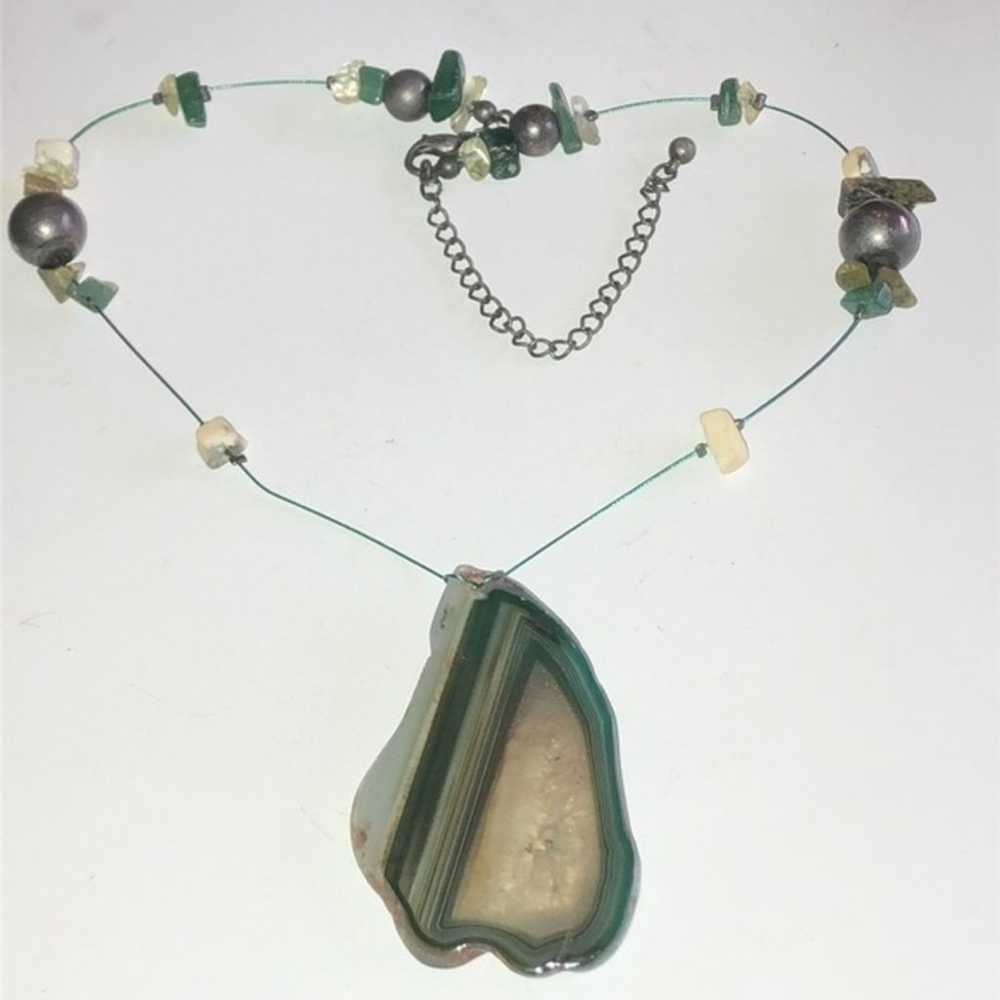 Genuine Green Agate Slice Pendant Wire Beaded Boh… - image 1