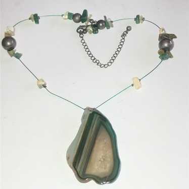 Genuine Green Agate Slice Pendant Wire Beaded Boh… - image 1