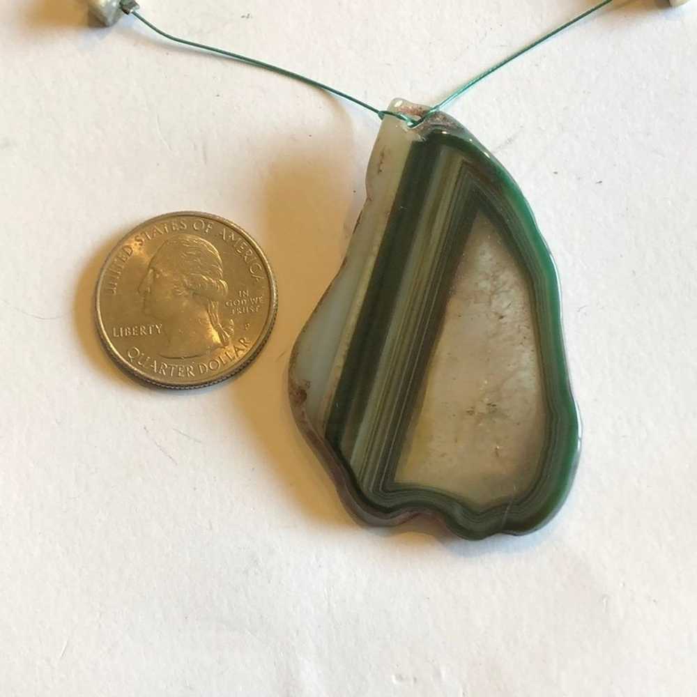 Genuine Green Agate Slice Pendant Wire Beaded Boh… - image 2