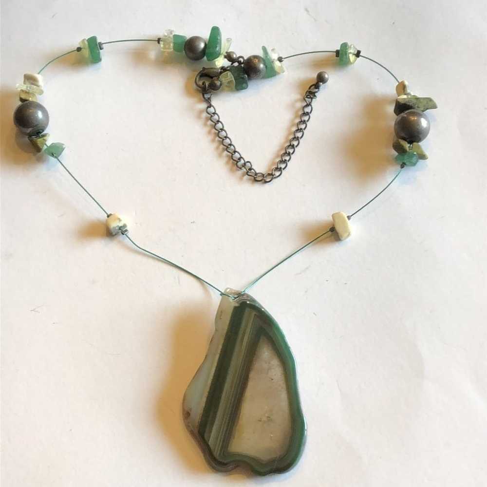 Genuine Green Agate Slice Pendant Wire Beaded Boh… - image 3