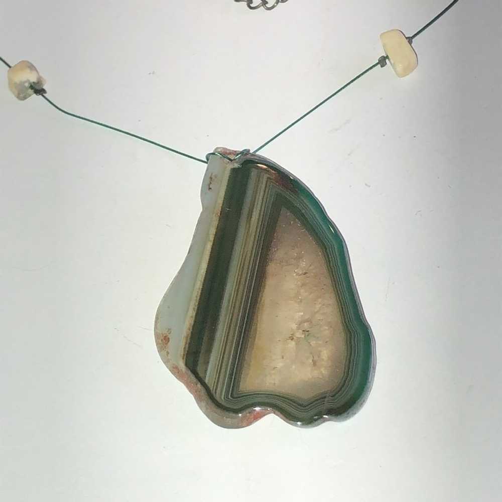 Genuine Green Agate Slice Pendant Wire Beaded Boh… - image 4