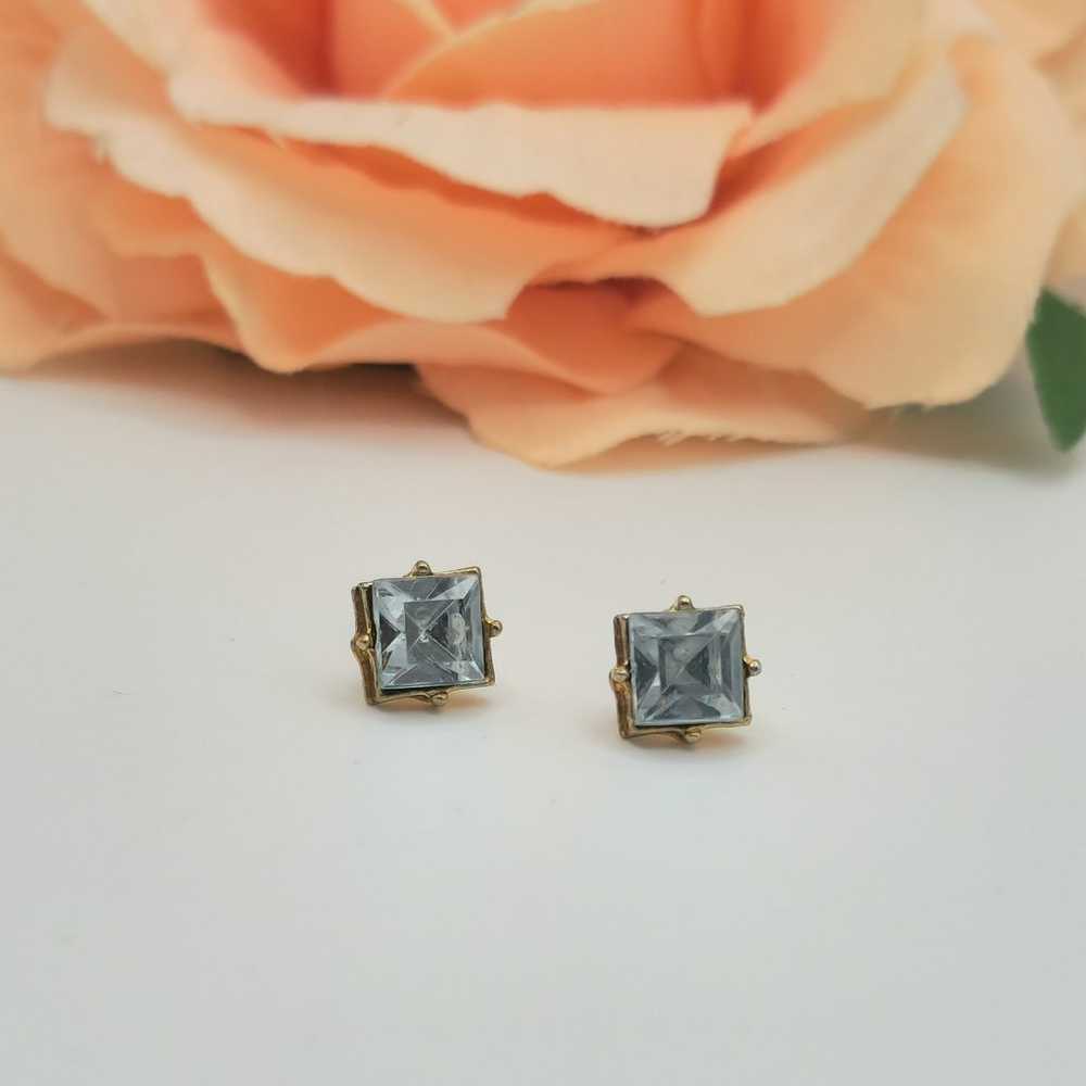 Vintage gold blue princess cut earrings - image 1