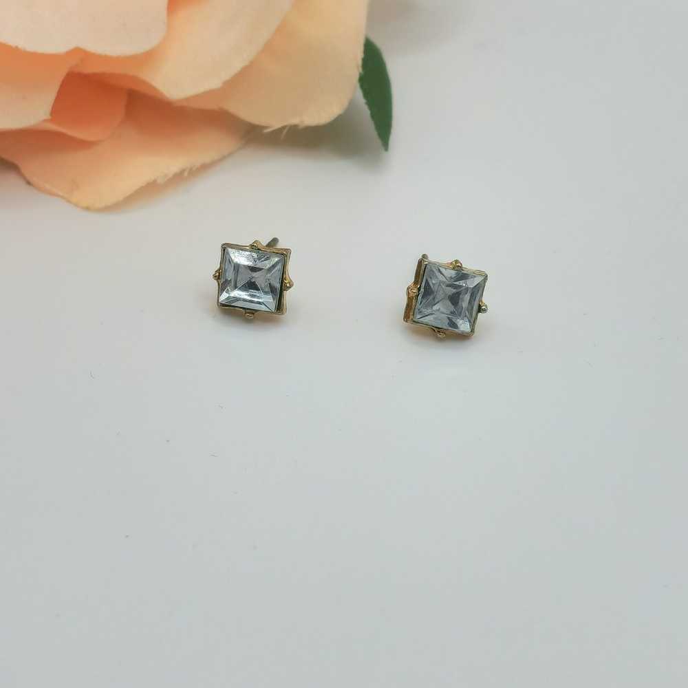 Vintage gold blue princess cut earrings - image 2